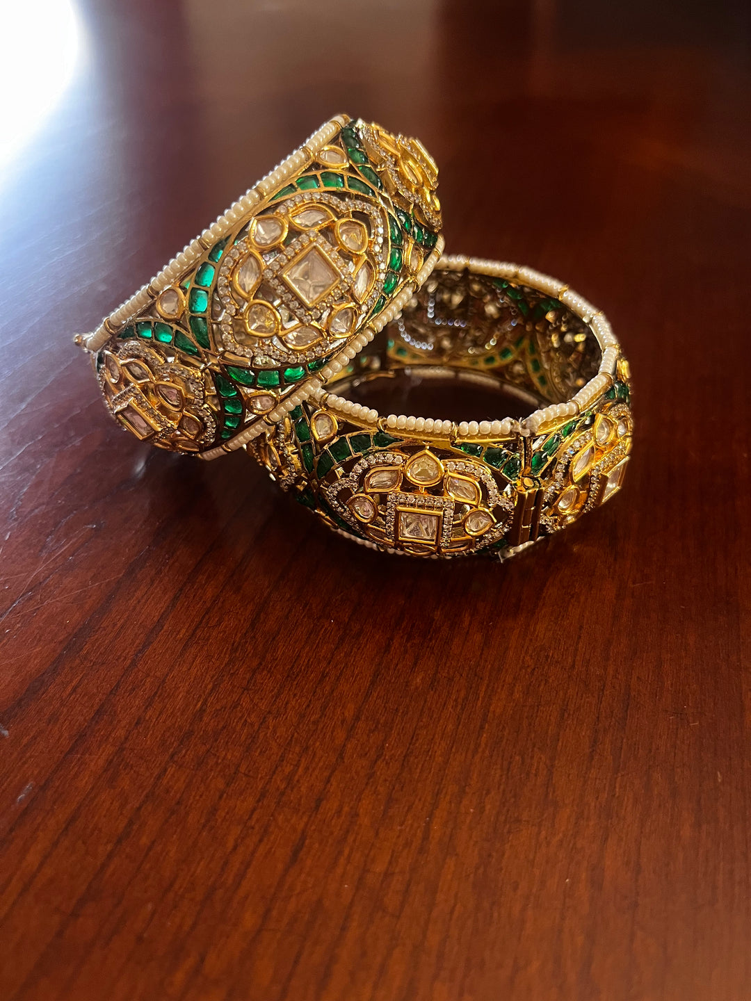 The Lorina "Golden with Emerald Green Wedding Flower Bracelet Set (Set of 2)|Inaayat by Divya Taimni