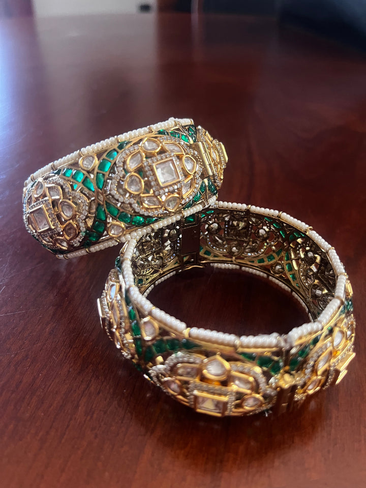 The Lorina "Golden with Emerald Green Wedding Flower Bracelet Set (Set of 2)|Inaayat by Divya Taimni