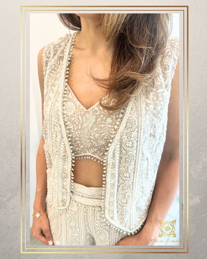 Beige Lucknowi Waist Coat And Pant