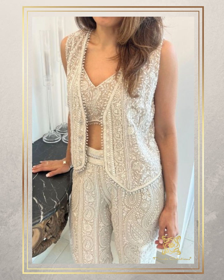 Beige Lucknowi Waist Coat And Pant