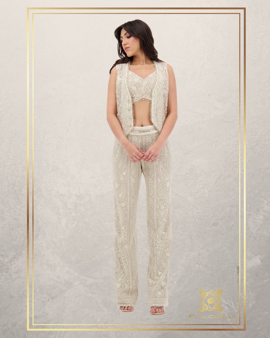 Beige Lucknowi Waist Coat And Pant