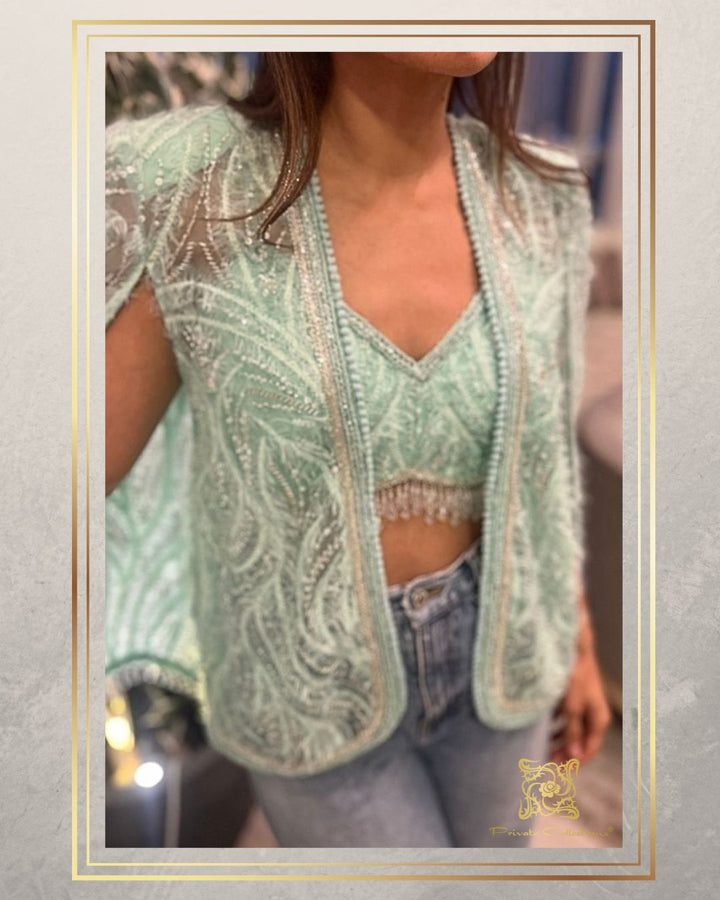 Mint Sequin Embellished Jacket & Pant Set | Private Collections