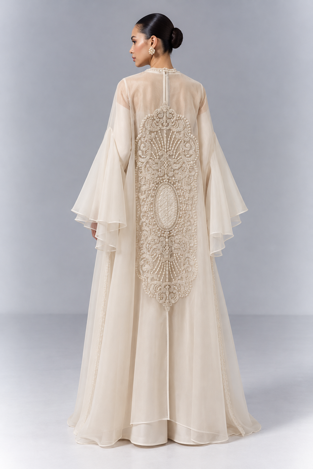 Nude Beige Pearl-Embellished Top & Flared Pants with Cape |VARUN BAHL