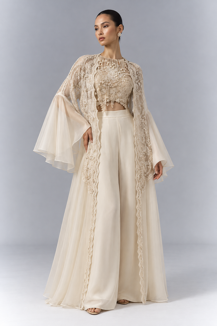 Nude Beige Pearl-Embellished Top & Flared Pants with Cape |VARUN BAHL