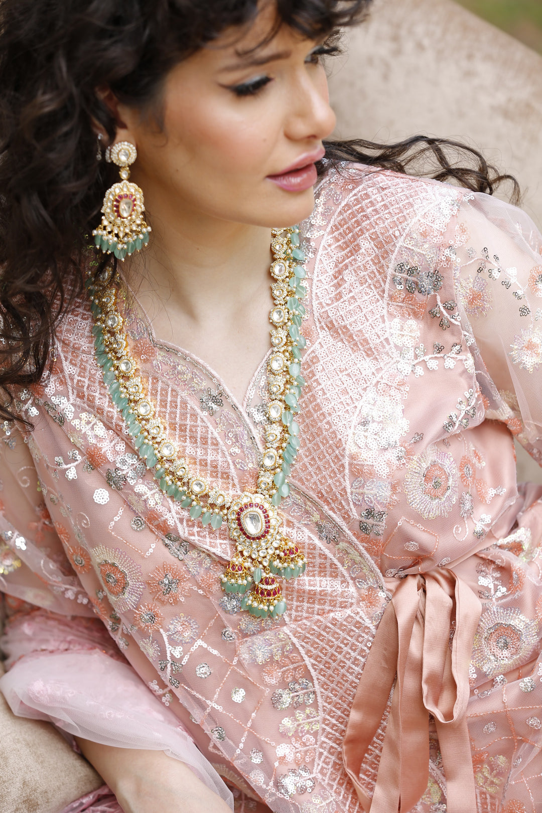 Sage Green and Gold Kundan Bridal Statement Necklace and Earrings Set |Inaayat by Divya Taimni