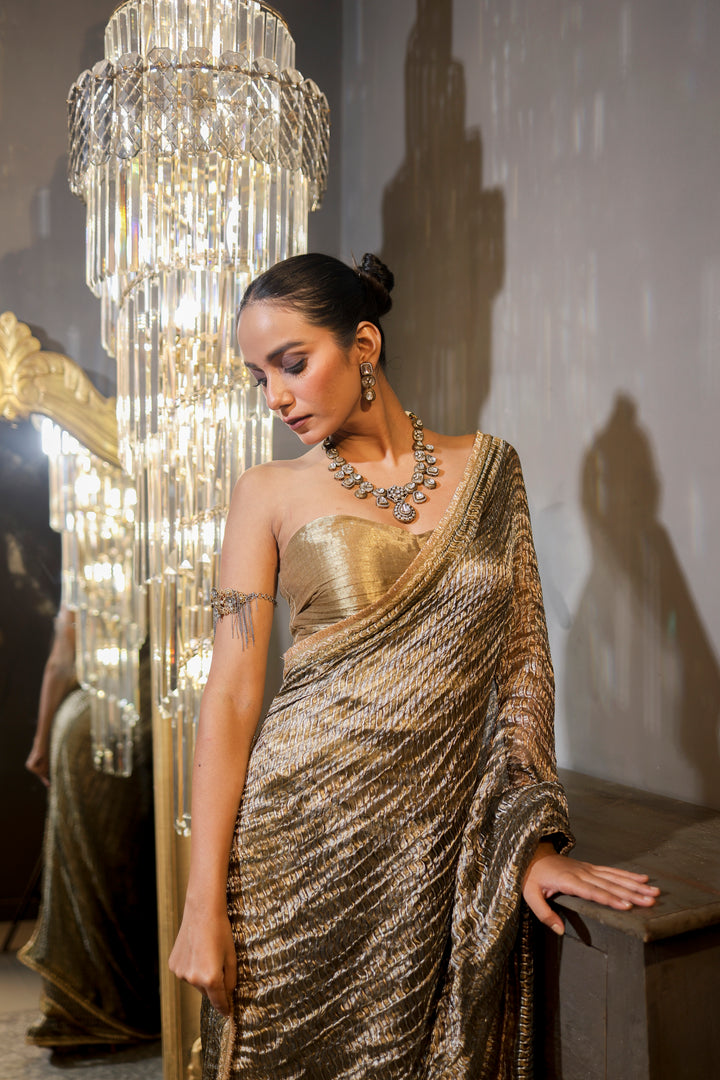 Silver and Gold Metallic Weaved Tissue Organza Saree | Essence by Monika