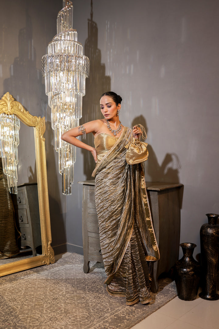 Silver and Gold Metallic Weaved Tissue Organza Saree | Essence by Monika