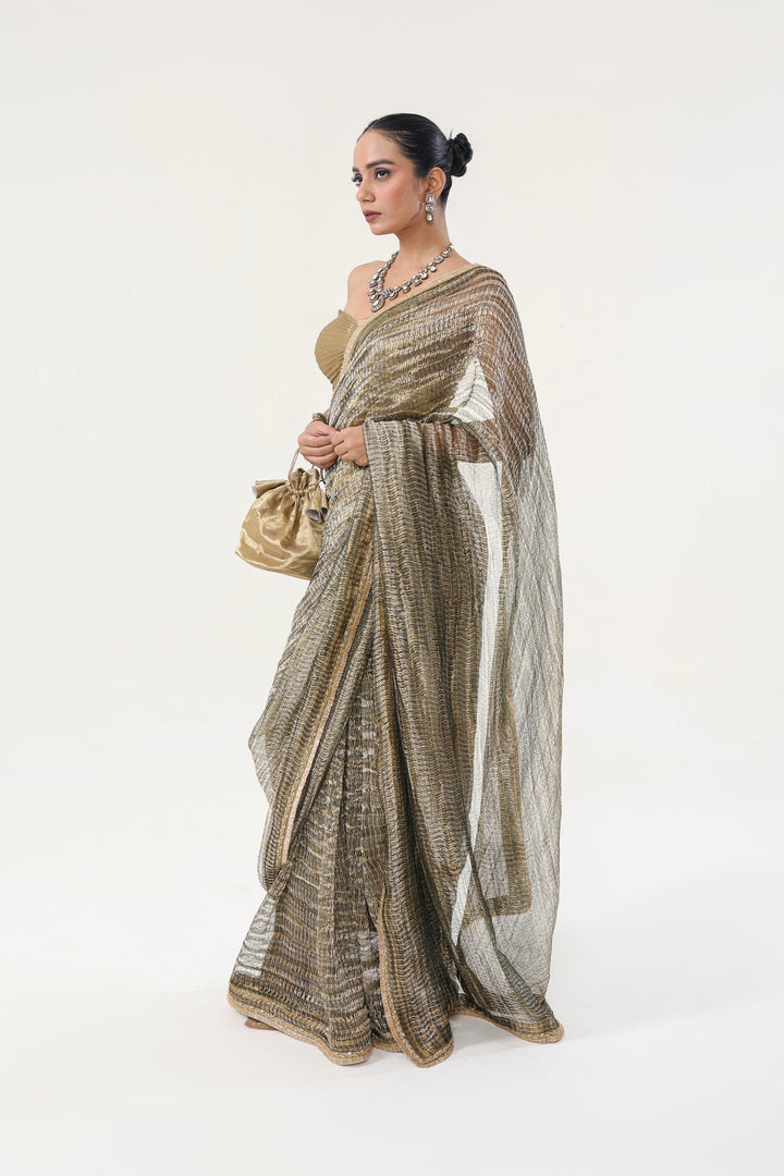Silver and Gold Metallic Weaved Tissue Organza Saree | Essence by Monika