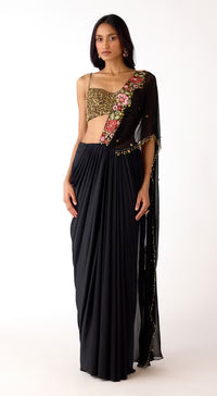 Black Pre-Draped Embroidered Saree | Basanti Kapde Aur Koffee