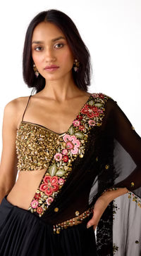 Black Pre-Draped Embroidered Saree | Basanti Kapde Aur Koffee