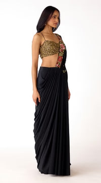 Black Pre-Draped Embroidered Saree | Basanti Kapde Aur Koffee