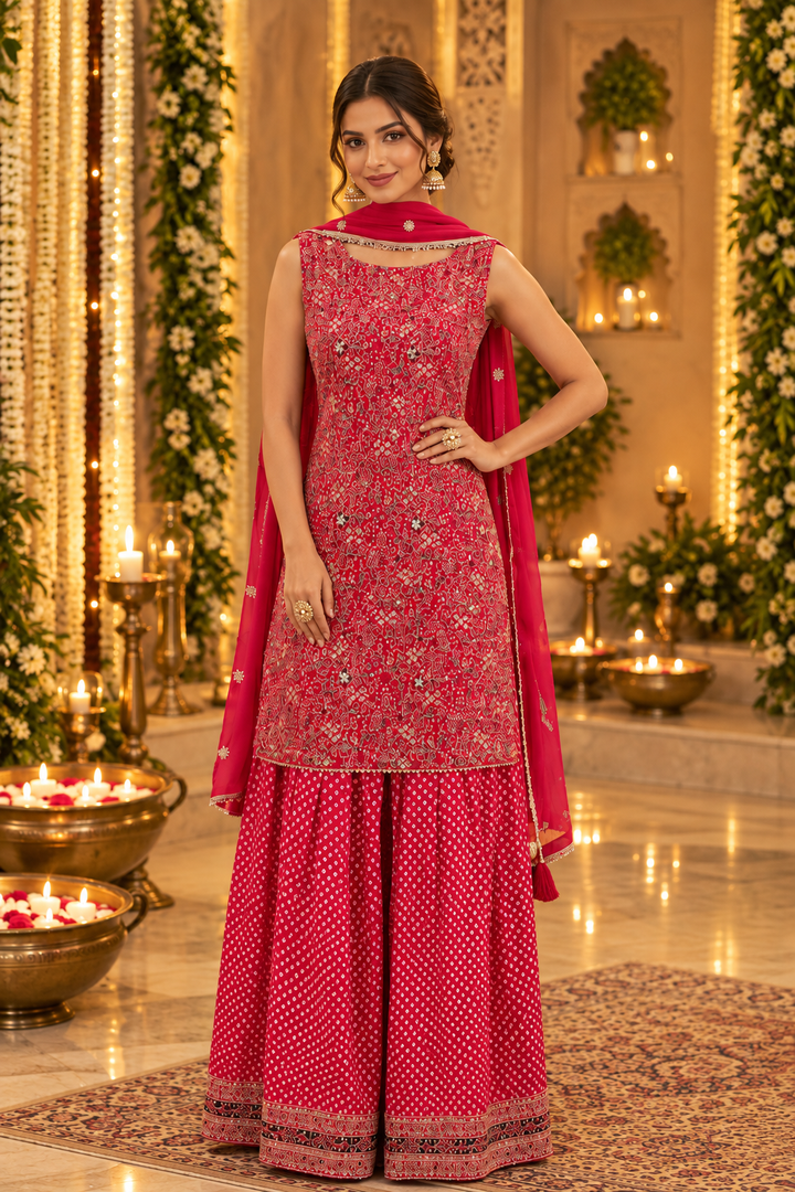 Rani Pink Sequin Embellished Gharara Set| Maya Chabra