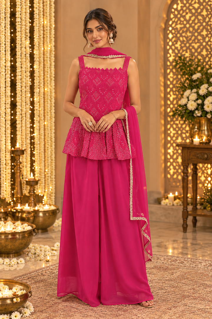 Fuchsia Sequin-Embellished Peplum & Palazzo Set| Maya Chabra