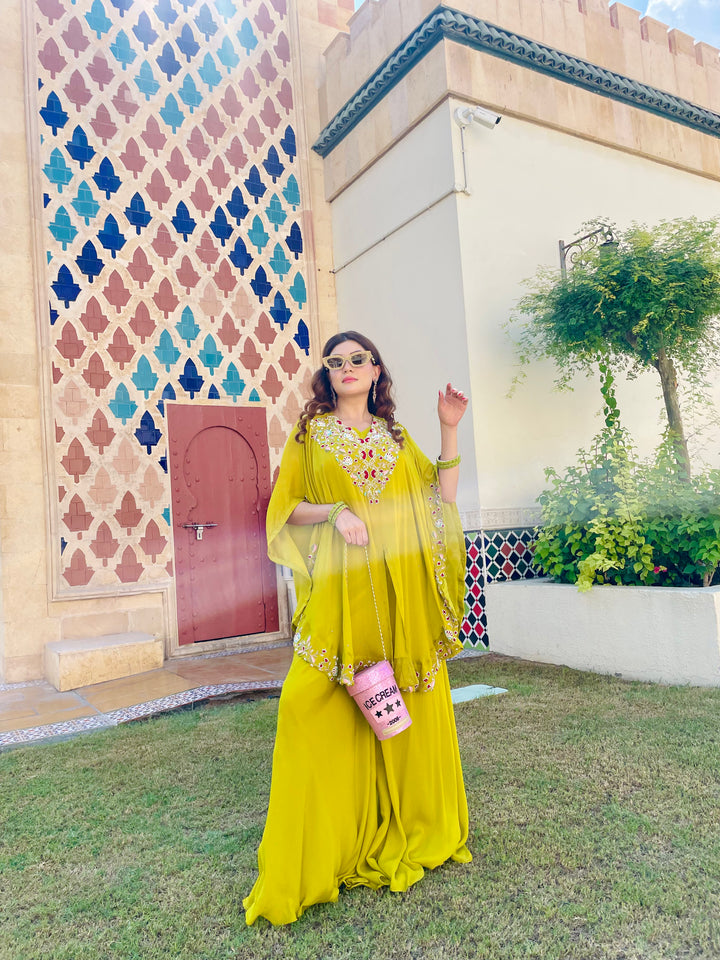 Raisa Lime Green Cape and Sharara Set (Ready to Wear)