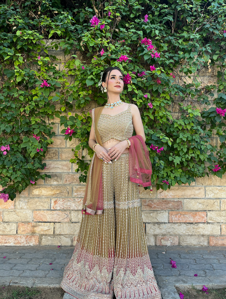 Zainab Gold, Lime and Pink Zari Work Beaded Bridal Sharara Set | Inaayat by Divya Taimni