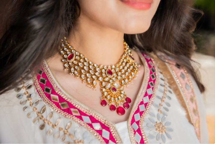 Radha Ruby and Polki Diamond Bridal Kundan Earrings, Kanras, Necklace and Maang Teeka Jewellery Set|Inaayat by Divya Taimni