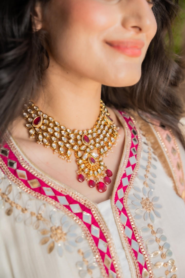 Radha Ruby and Polki Diamond Bridal Kundan Earrings, Kanras, Necklace and Maang Teeka Jewellery Set|Inaayat by Divya Taimni