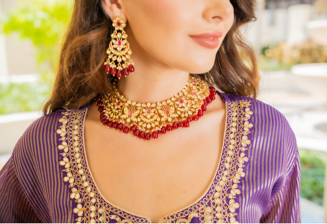 Meghna Floral Gold Kundan Polki Diamond and Ruby Necklace and Earrings Destination Jewelry Set