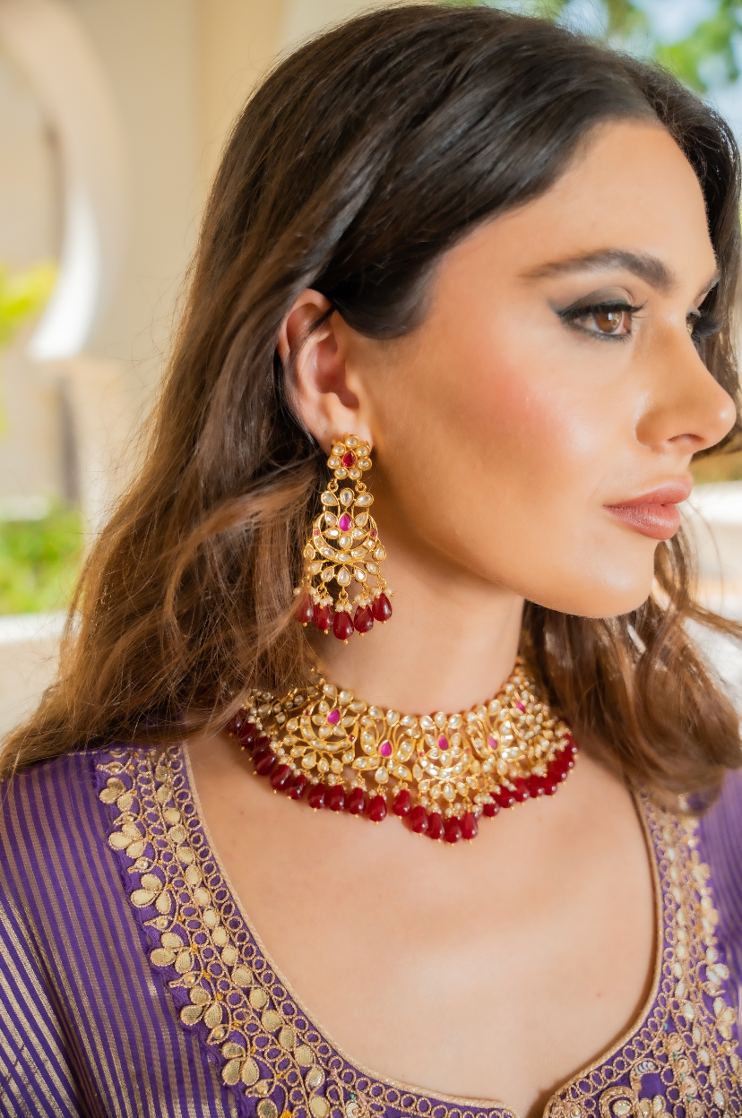 Meghna Floral Gold Kundan Polki Diamond and Ruby Necklace and Earrings Destination Jewelry Set