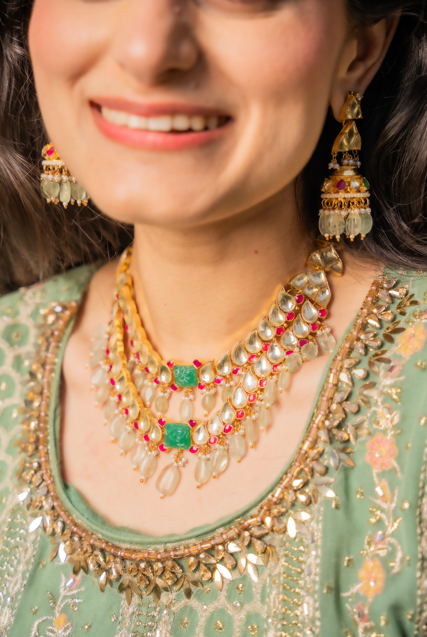 Kavya Double-Strand Kundan Polki Diamond, Ruby Red and Jade Green Necklace and Earrings Set|Inaayat by Divya Taimni