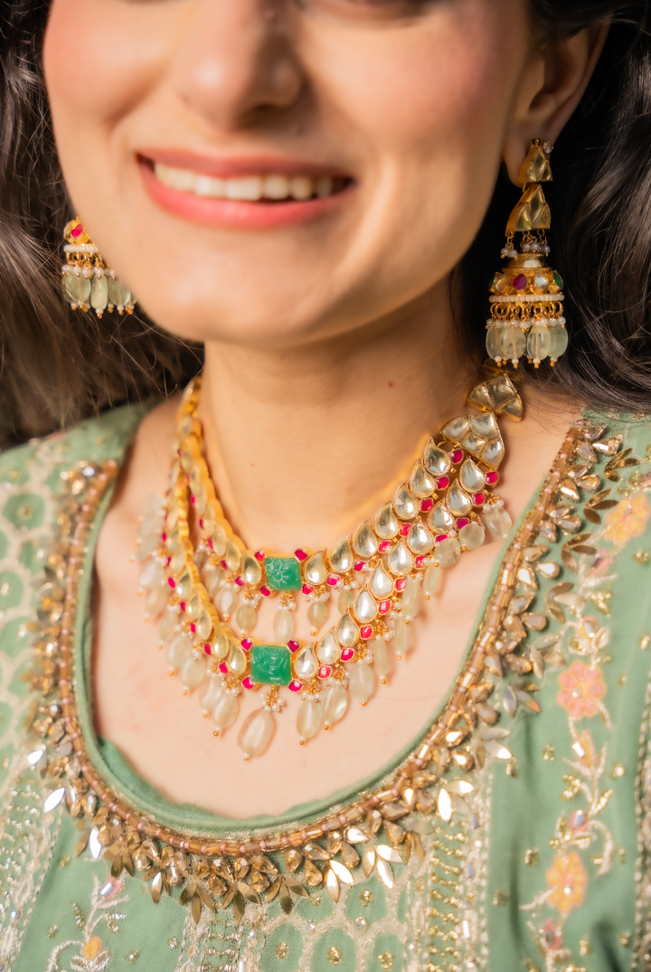 Kavya Double-Strand Kundan Polki Diamond, Ruby Red and Jade Green Necklace and Earrings Set|Inaayat by Divya Taimni