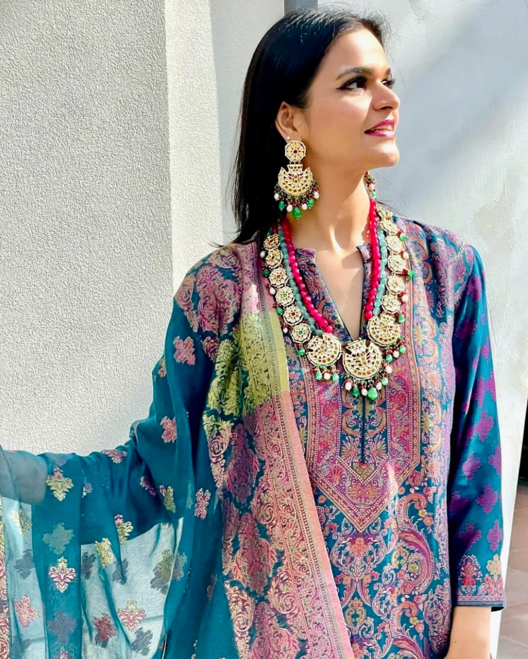 Sonam Turquoise and Pink Beaded Scallop Kundan Necklace and Earrings set