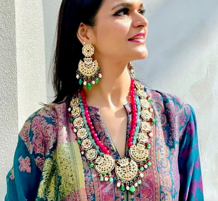 Sonam Turquoise and Pink Beaded Scallop Kundan Necklace and Earrings set