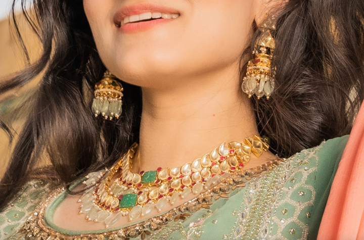 Kavya Double-Strand Kundan Polki Diamond, Ruby Red and Jade Green Necklace and Earrings Set|Inaayat by Divya Taimni