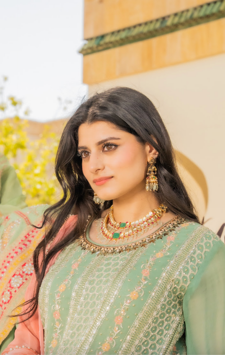 Kavya Double-Strand Kundan Polki Diamond, Ruby Red and Jade Green Necklace and Earrings Set|Inaayat by Divya Taimni