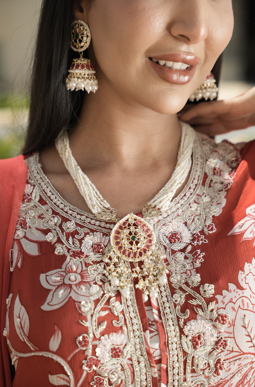 Reena Rice Pearl Kundan Pendant Necklace and Jhumka Set|Inaayat by Divya Taimni