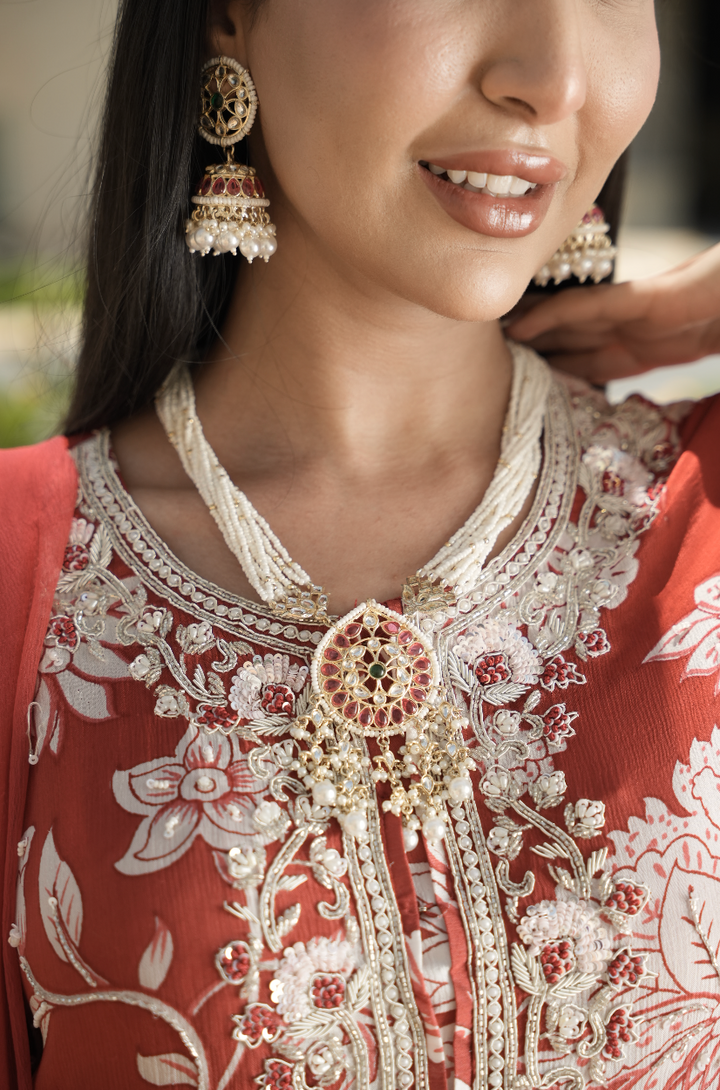 Reena Rice Pearl Kundan Pendant Necklace and Jhumka Set|Inaayat by Divya Taimni