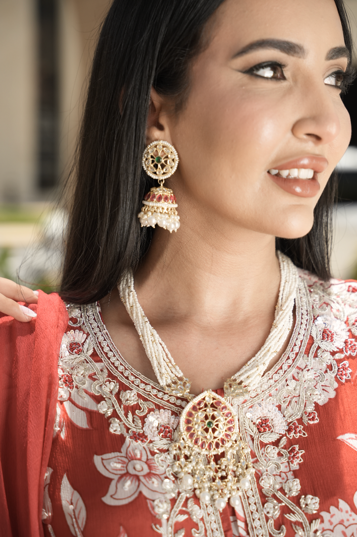 Reena Rice Pearl Kundan Pendant Necklace and Jhumka Set|Inaayat by Divya Taimni