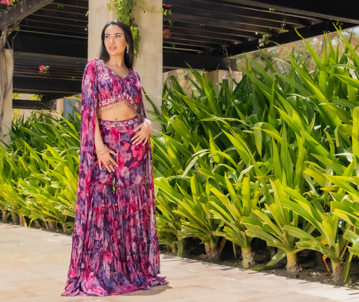 Kiara Purple & Pink Floral Showstopper Georgette Beaded Sharara Set with Dramatic Sleeves | Inaayat by Divya Taimni