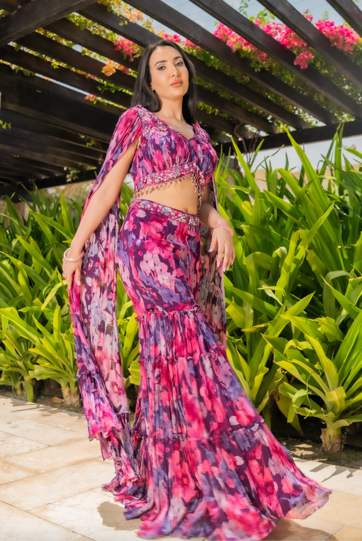 Kiara Purple & Pink Floral Showstopper Georgette Beaded Sharara Set with Dramatic Sleeves | Inaayat by Divya Taimni