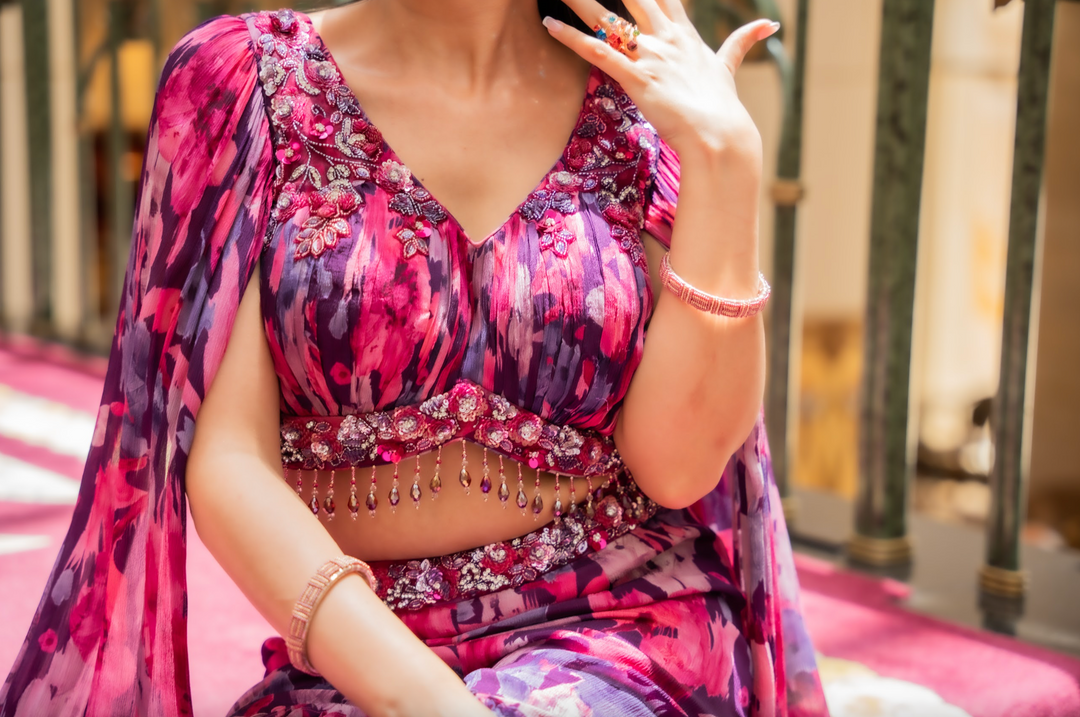 Kiara Purple & Pink Floral Showstopper Georgette Beaded Sharara Set with Dramatic Sleeves | Inaayat by Divya Taimni