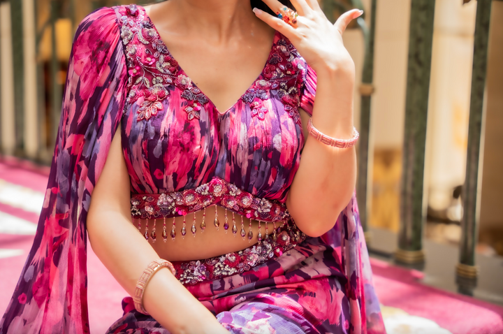 Kiara Purple & Pink Floral Showstopper Georgette Beaded Sharara Set with Dramatic Sleeves | Inaayat by Divya Taimni