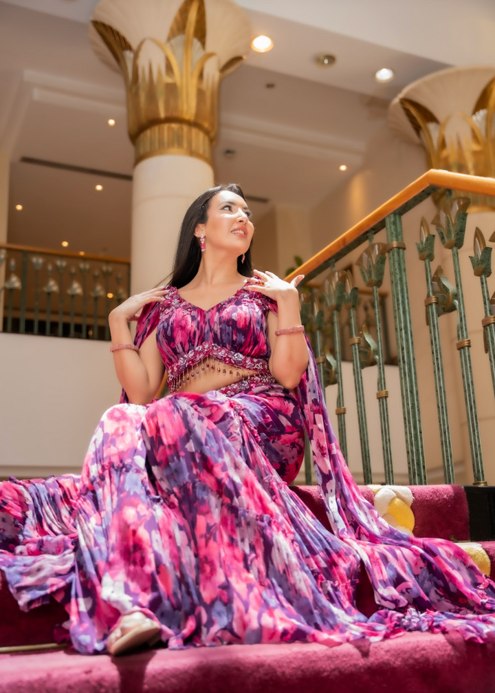 Kiara Purple & Pink Floral Showstopper Georgette Beaded Sharara Set with Dramatic Sleeves | Inaayat by Divya Taimni