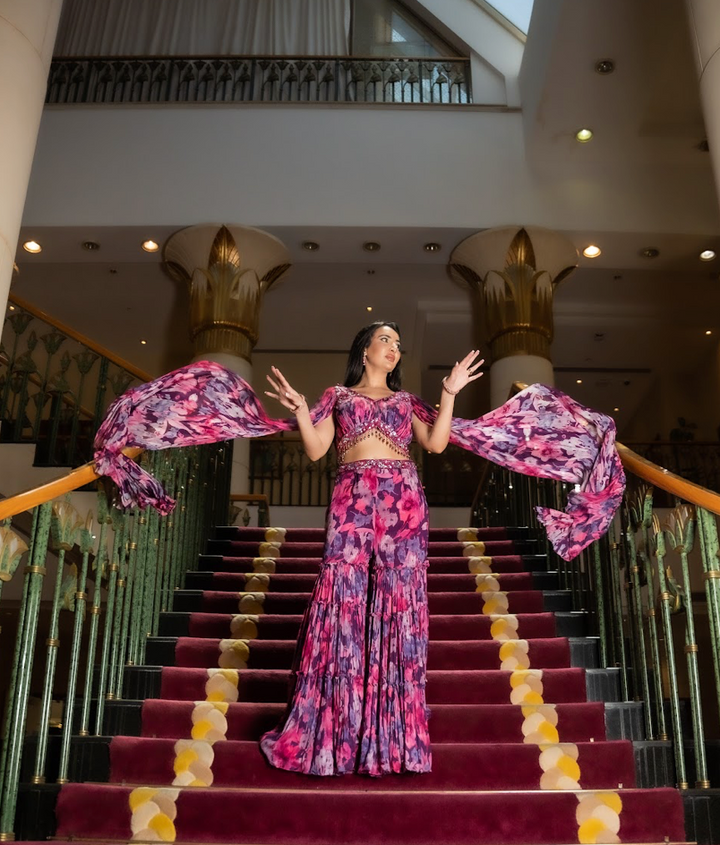 Kiara Purple & Pink Floral Showstopper Georgette Beaded Sharara Set with Dramatic Sleeves | Inaayat by Divya Taimni