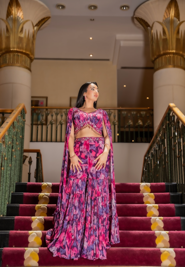 Kiara Purple & Pink Floral Showstopper Georgette Beaded Sharara Set with Dramatic Sleeves | Inaayat by Divya Taimni