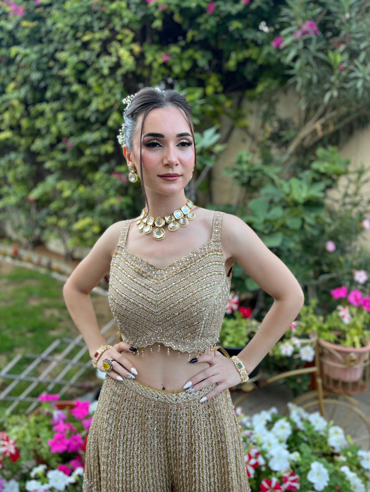 Zainab Gold, Lime and Pink Zari Work Beaded Bridal Sharara Set | Inaayat by Divya Taimni