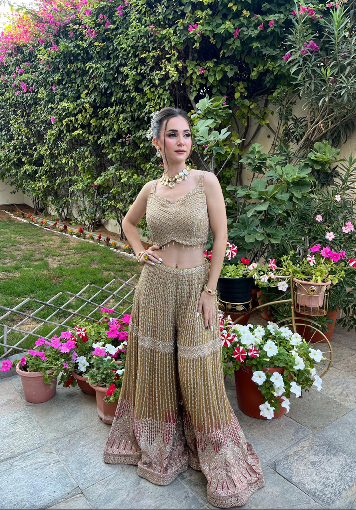 Zainab Gold, Lime and Pink Zari Work Beaded Bridal Sharara Set | Inaayat by Divya Taimni