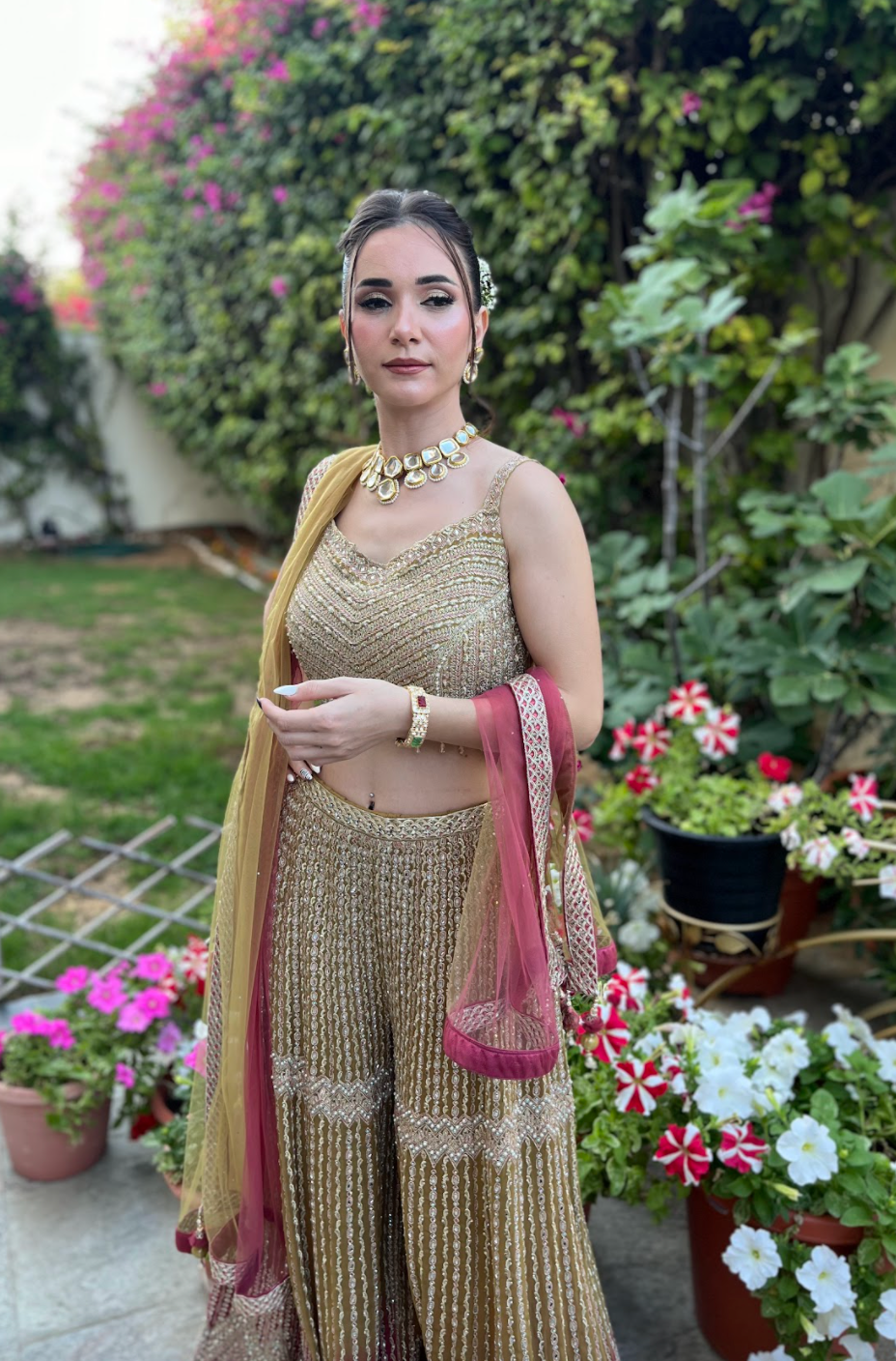 Zainab Gold, Lime and Pink Zari Work Beaded Bridal Sharara Set | Inaayat by Divya Taimni