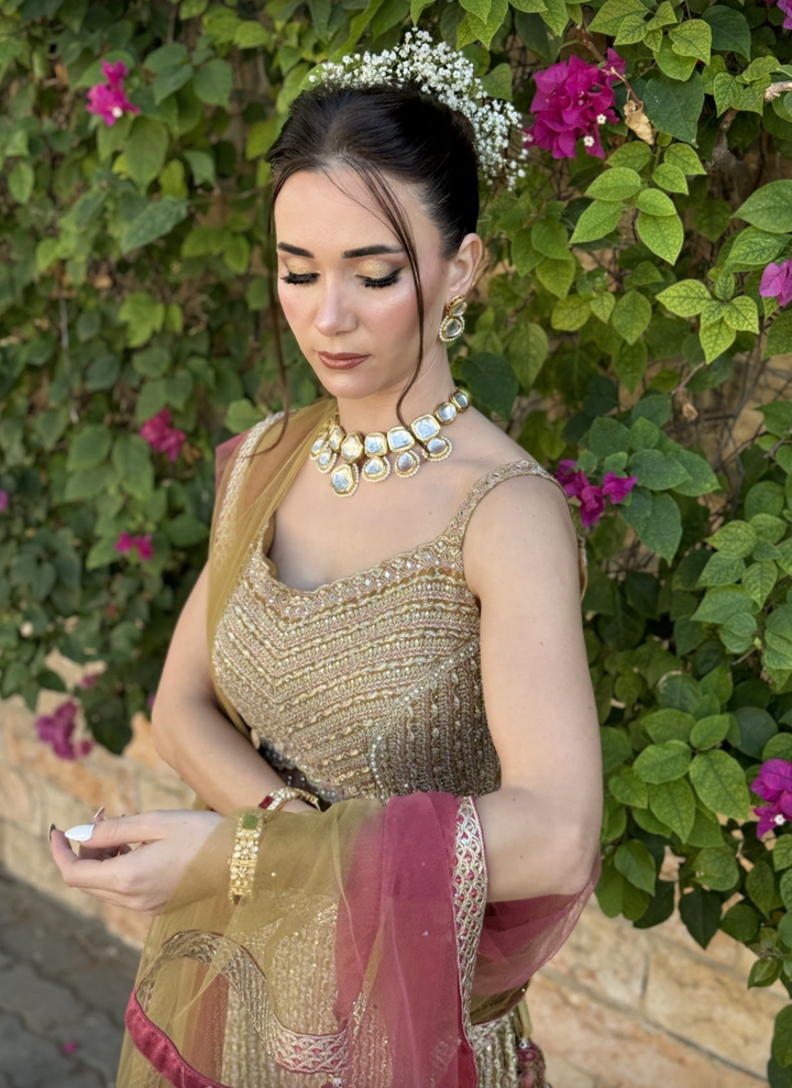 Zainab Gold, Lime and Pink Zari Work Beaded Bridal Sharara Set | Inaayat by Divya Taimni