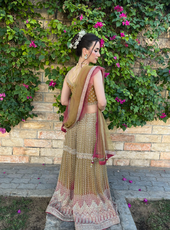 Zainab Gold, Lime and Pink Zari Work Beaded Bridal Sharara Set | Inaayat by Divya Taimni