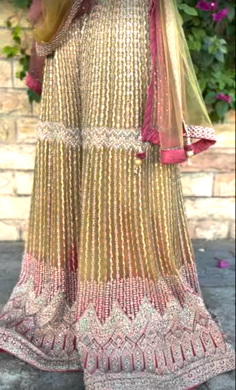 Zainab Gold, Lime and Pink Zari Work Beaded Bridal Sharara Set | Inaayat by Divya Taimni