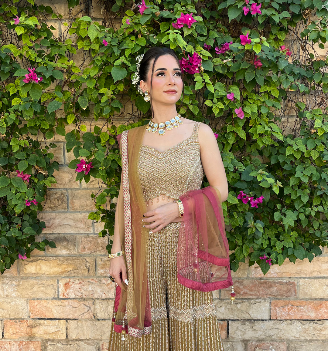 Zainab Gold, Lime and Pink Zari Work Beaded Bridal Sharara Set | Inaayat by Divya Taimni