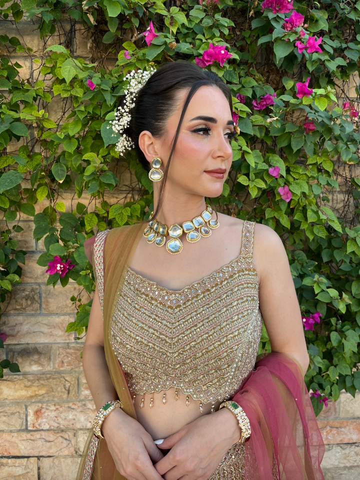 Zainab Gold, Lime and Pink Zari Work Beaded Bridal Sharara Set | Inaayat by Divya Taimni
