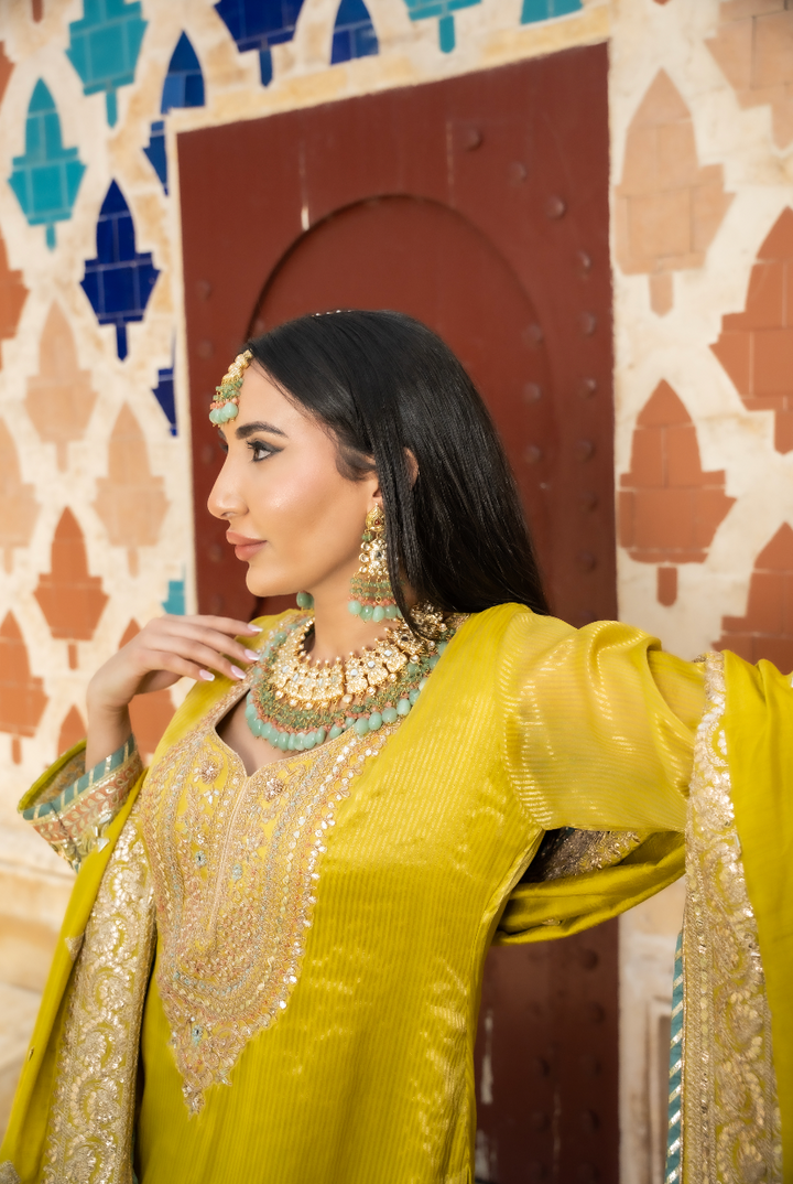 Alisha Aqua Blue and Gold Kundan and Bead Necklace, Earrings and Teeka Set