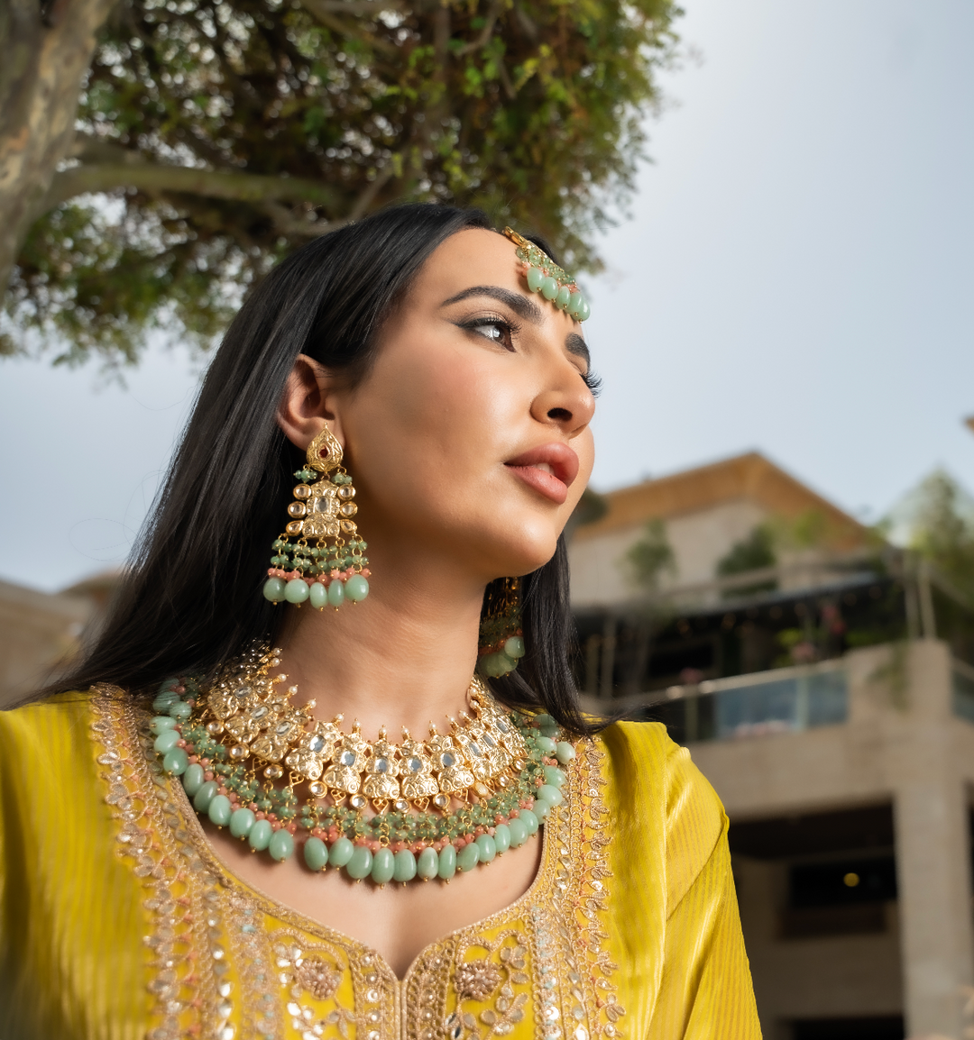 Alisha Sage Green and Gold Kundan and Bead Necklace, Earrings and Teeka Set