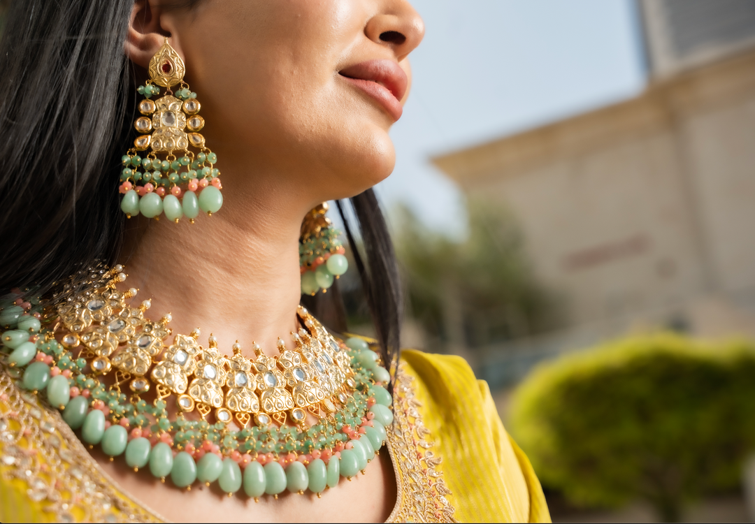 Alisha Sage Green and Gold Kundan and Bead Necklace, Earrings and Teeka Set